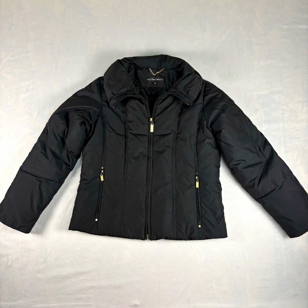 Ellen Tracy Down Puffer Jacket Womens Petite Small PS Black Gold Hardware Coat